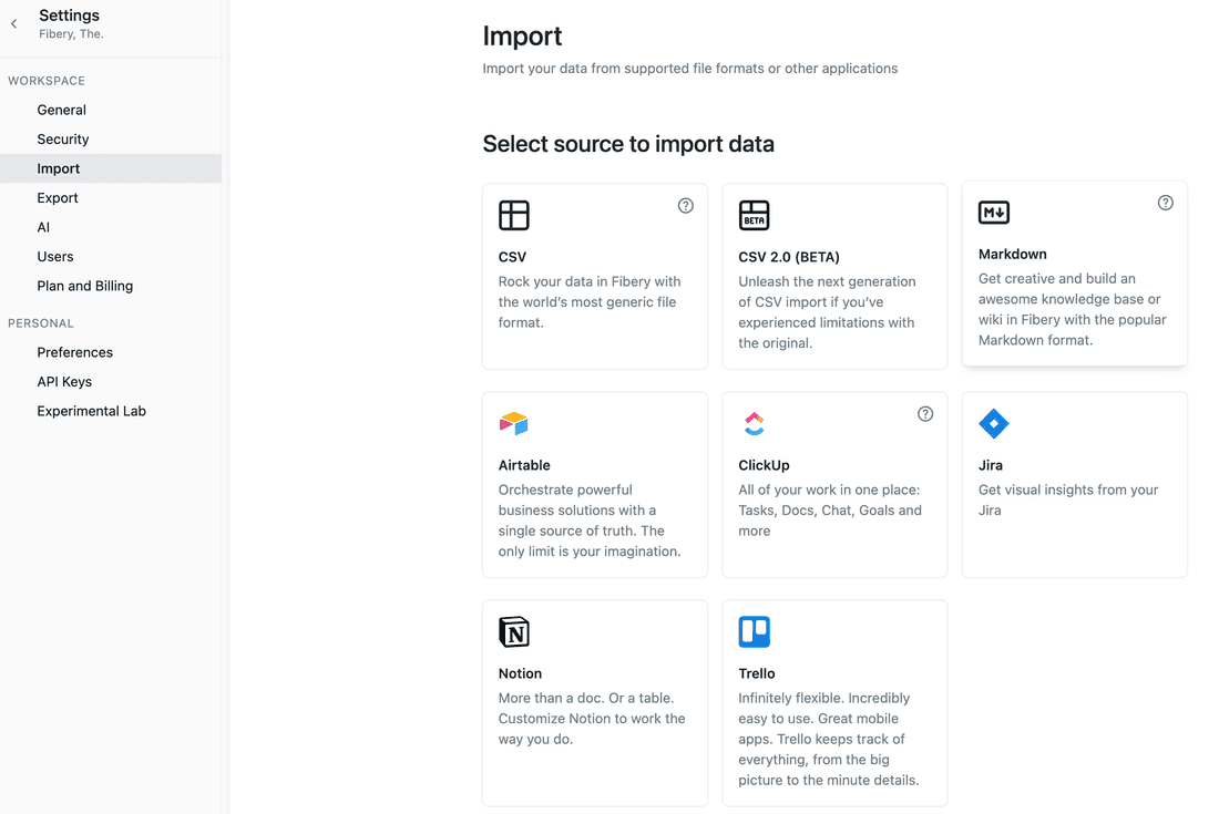 Import markdown archive from any tool. Fast.
