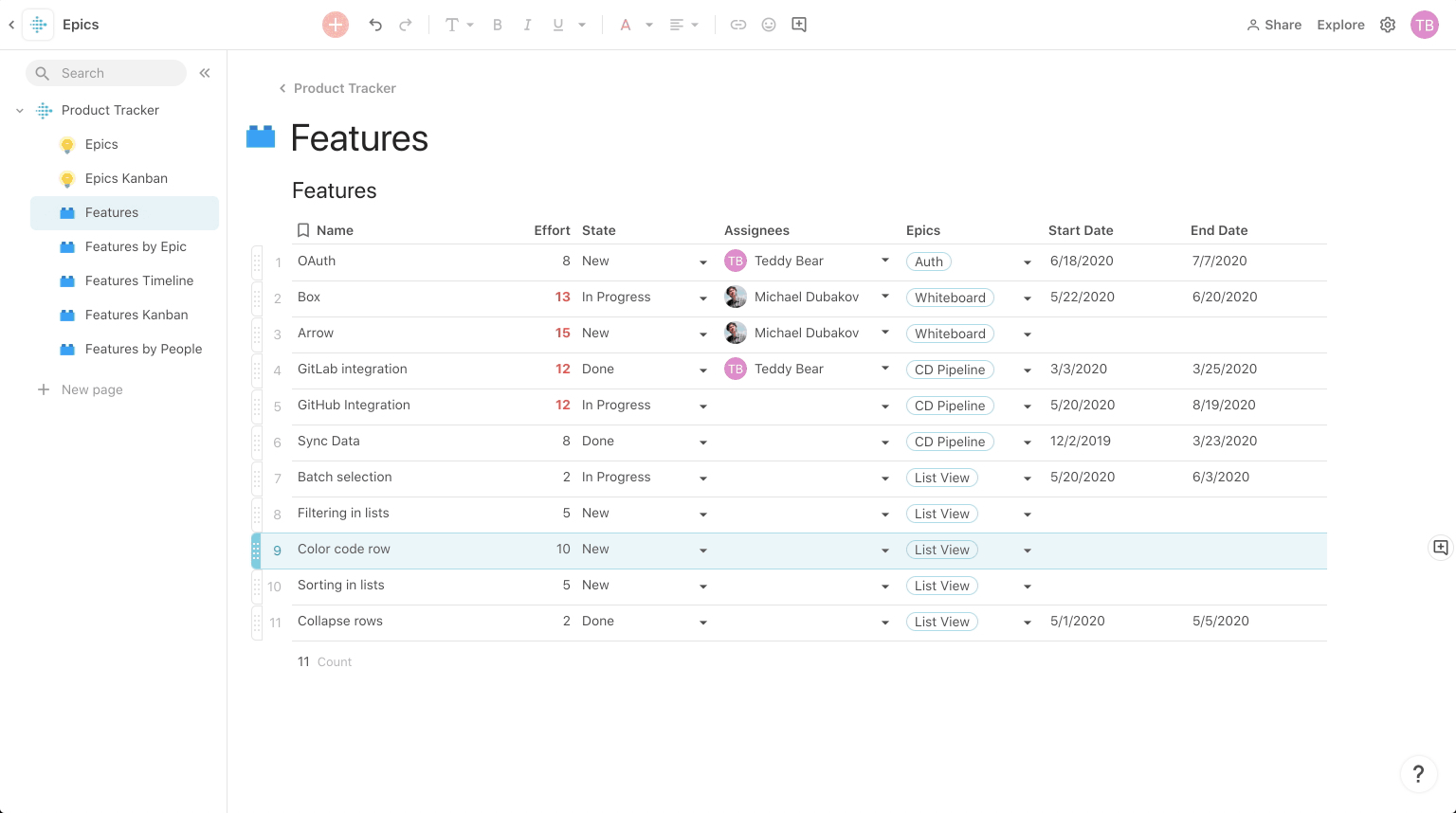 Feature View setup in Coda