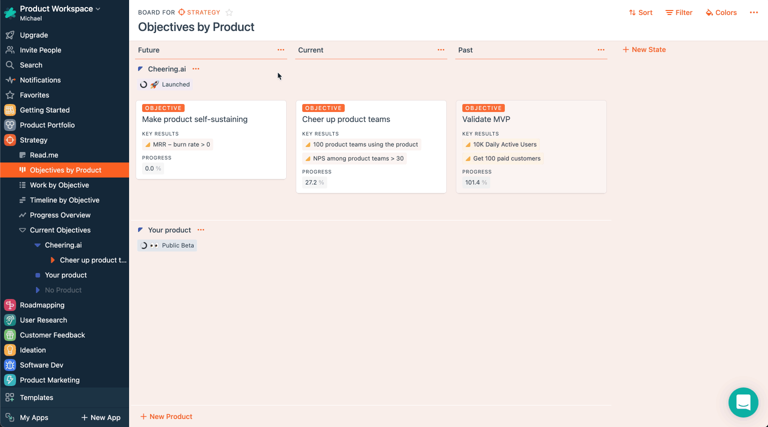 Set Objectives for Products, see them on a Kanban board, track Objectives progress.