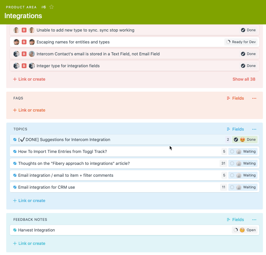 Integrations Product Area has many Features, Ideas, Bugs, User Stories, and References inside.