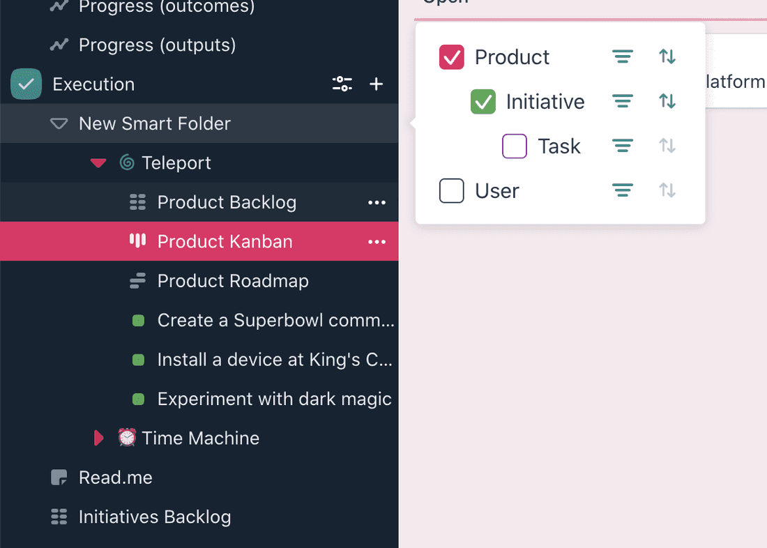 Smart folder that shows Products and Initiative in left menu. You can filter products and initiative as well to see only active
