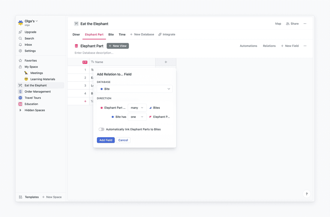 Setting up a relation between Elephant Part and Bite databases