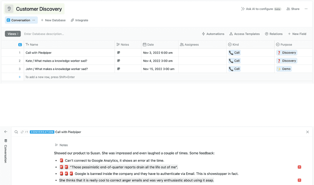 Customer Discovery template example in Fibery