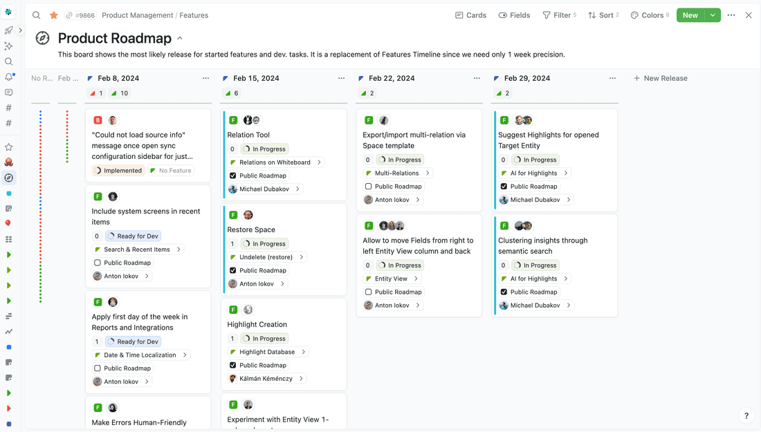 Fibery product roadmap that shows several upcoming releases