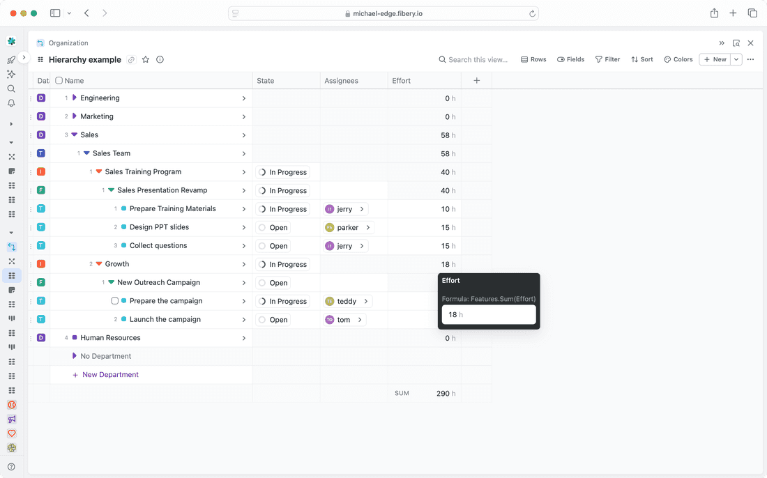 Roll-up formulas for handling connected information