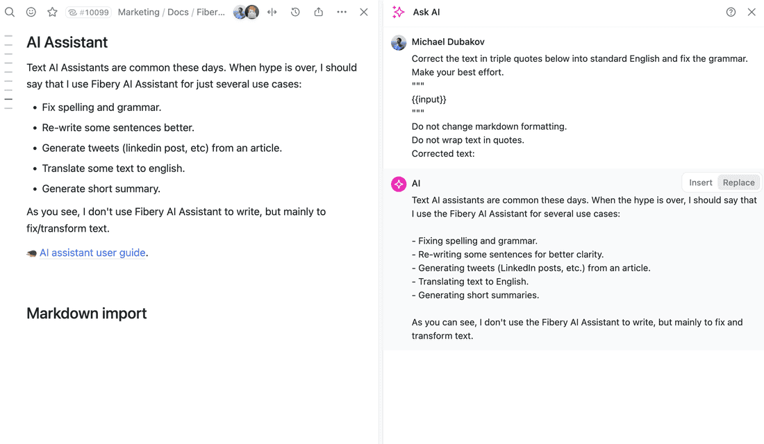 The text on the left is what I originally wrote, but then AI Assistant slightly improved it. It really saves time on editing and I no longer need separate tools like Grammarly.