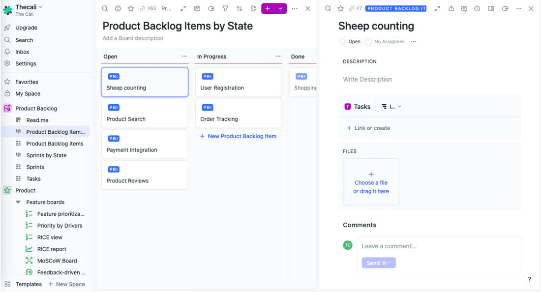  Product Backlog Template Board with an open item in Fibery