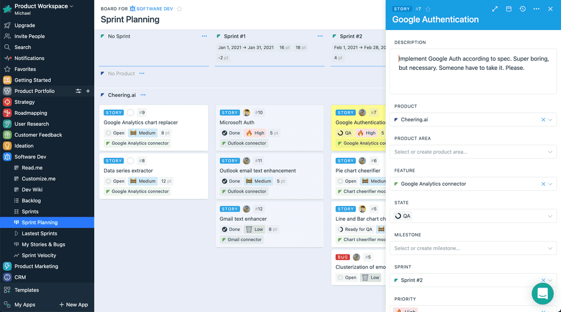 Sprint planning board in Fibery