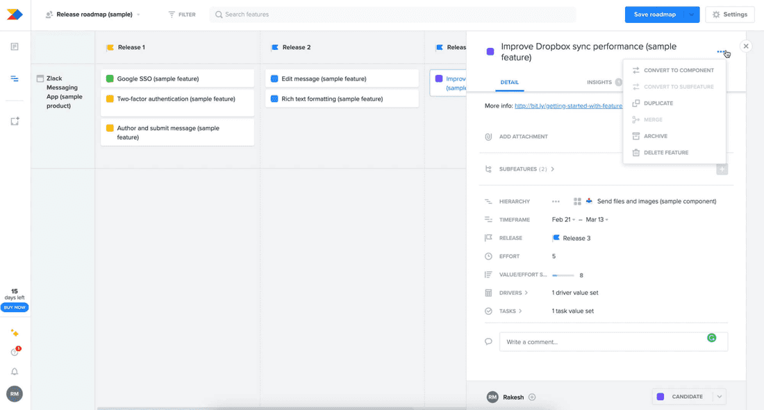 Productboard's clean UI helps you navigate complex release plans