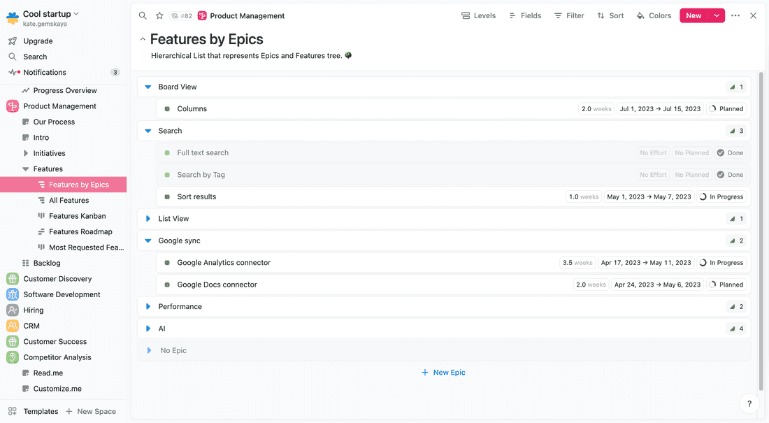 Hierarchical List that represents Epics and Features tree.