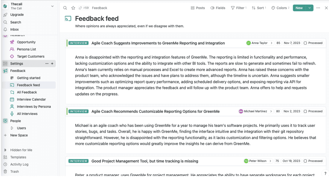 Feedback compiled in a single feed, as seen in Fibery