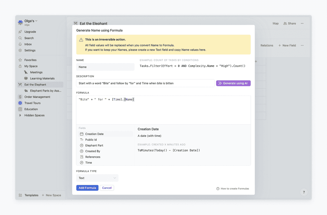 Here is the interface for generating a name using formula 