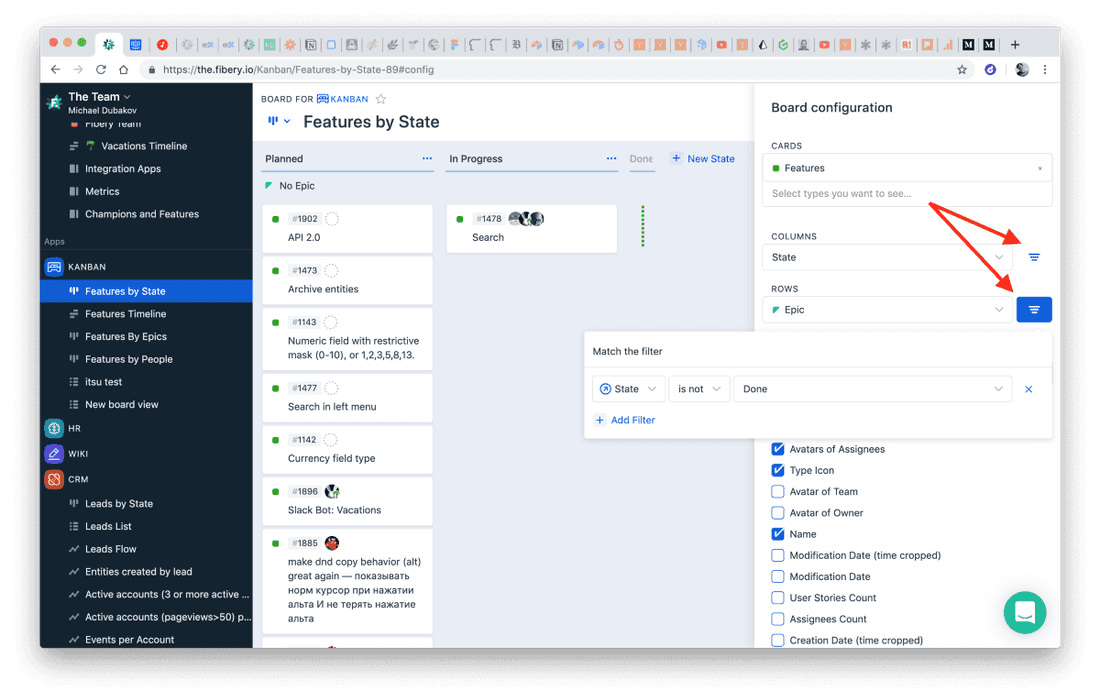 Columns and Rows filter in Board View.