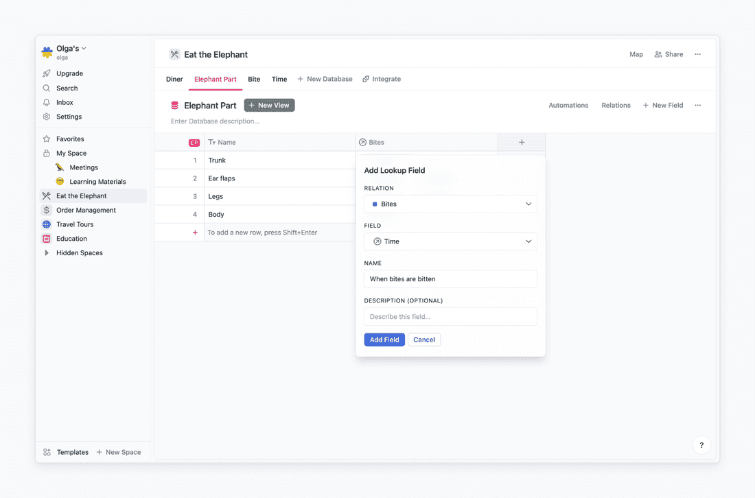 Adding a lookup to see info from Time database in Elephant Part database