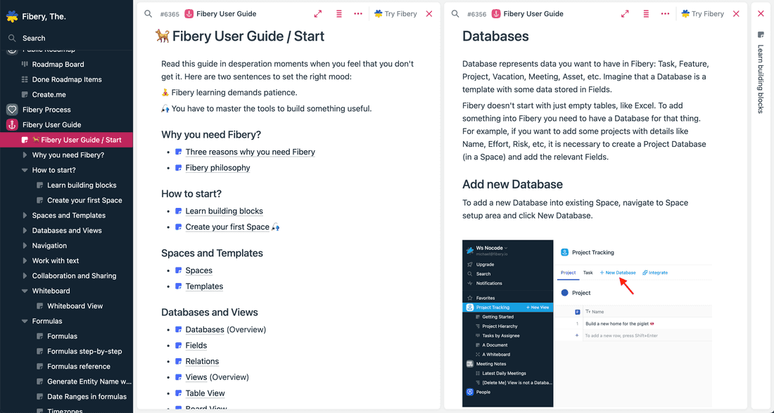 Fibery user guide is cool to browse with panel navigation. Really!