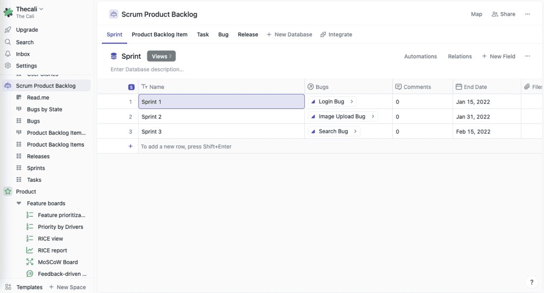 Scrum backlog template in Fibery