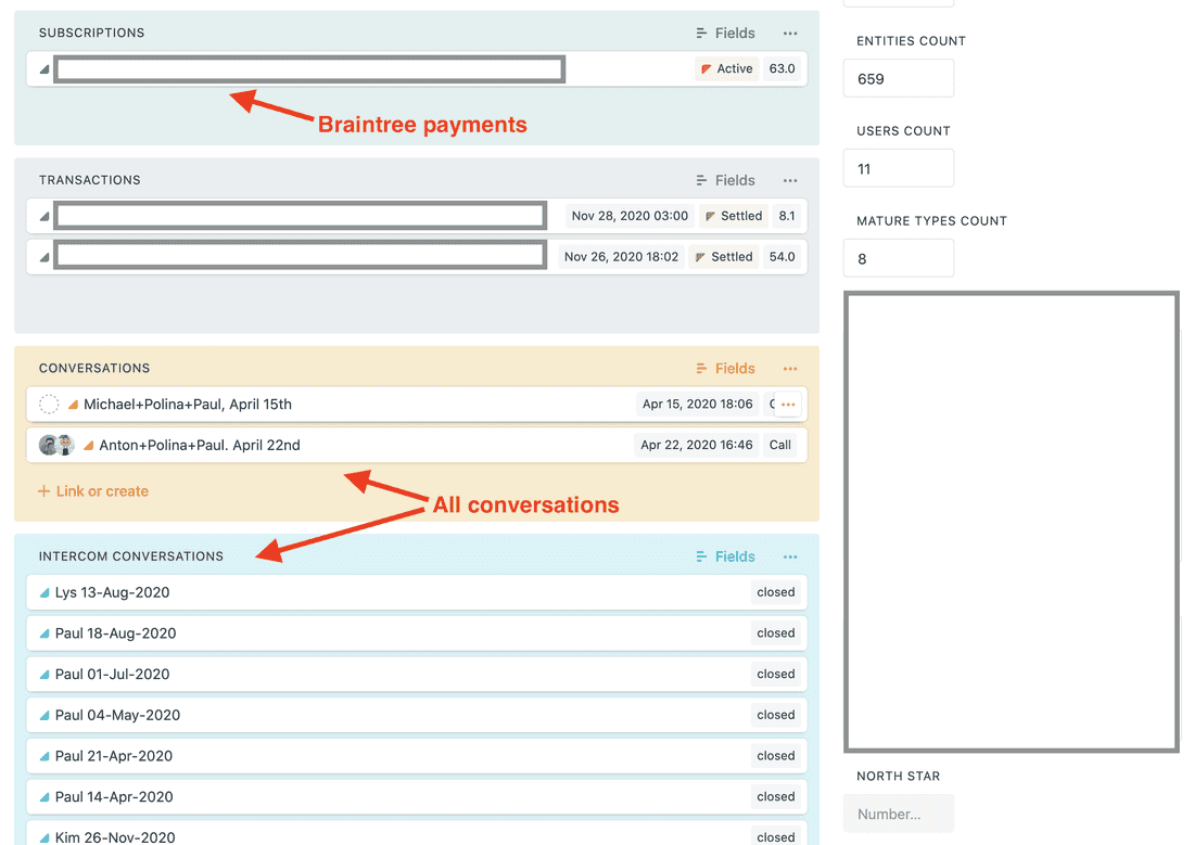 Every Account has Braintree subscriptions, linked calls transcripts, and Intercom conversations.