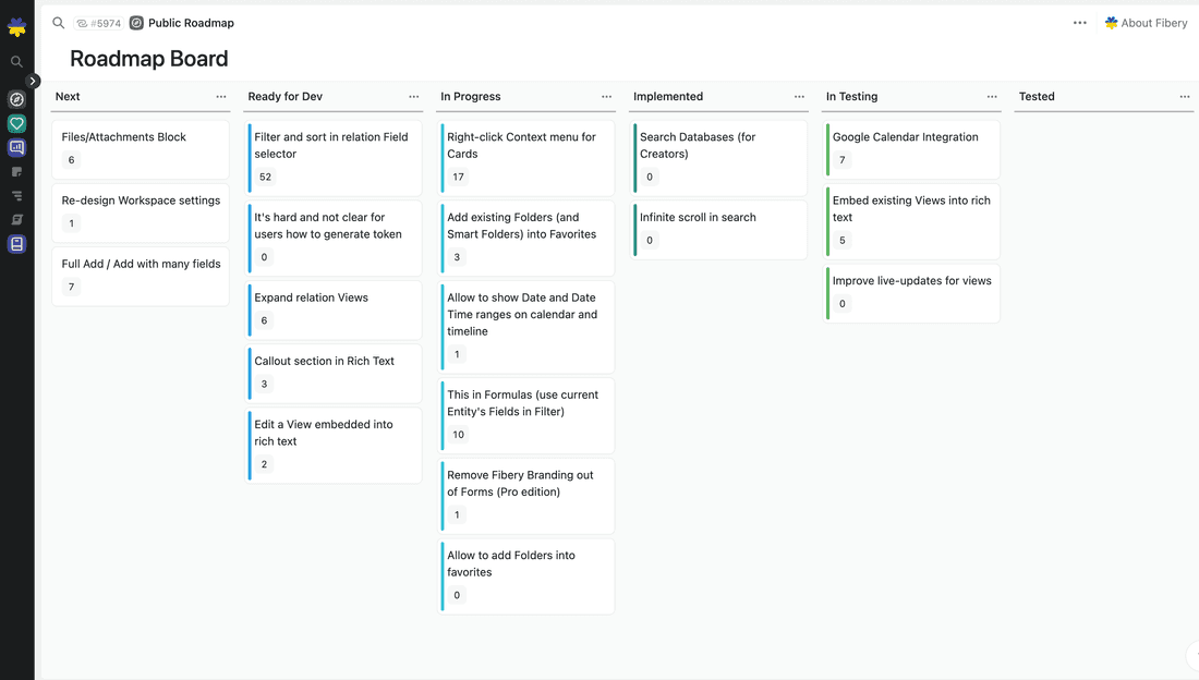 Fibery roadmap shows all current and planned Fibery features.