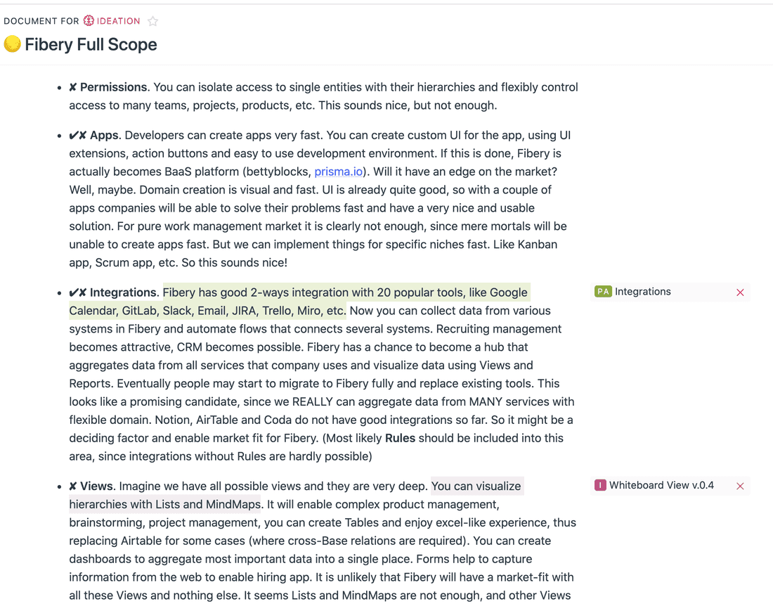 Two parts of a single large document. On the top, you see many features and ideas inserted into the document, and on the bottom some references to some product area (Integrations) and an idea. you can quickly open these entities to explore when required since all links are bi-directional. 