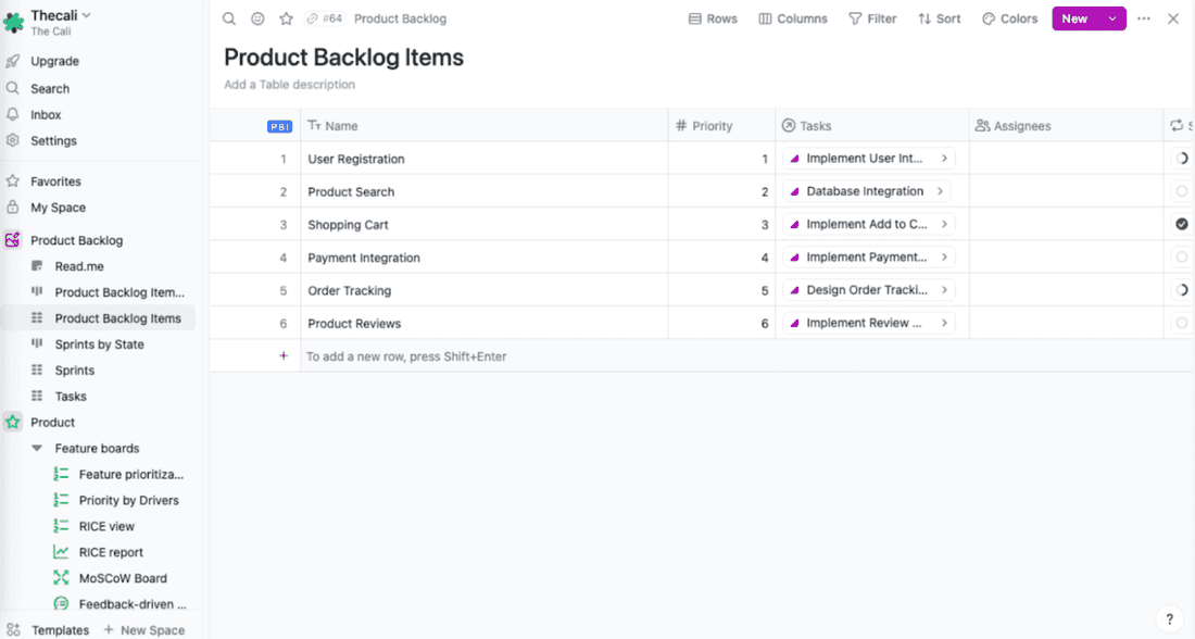 Product backlog, sorted in Fibery