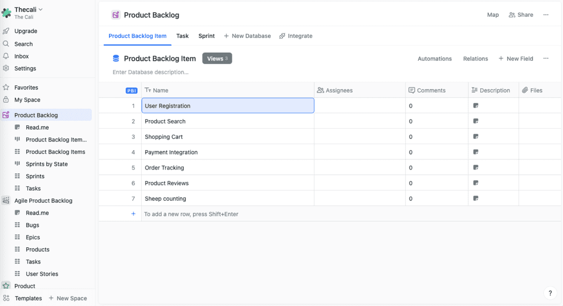 A product backlog list in database view in Fibery