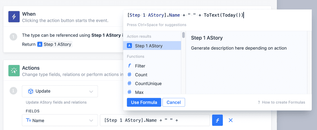 Formulas in Actions