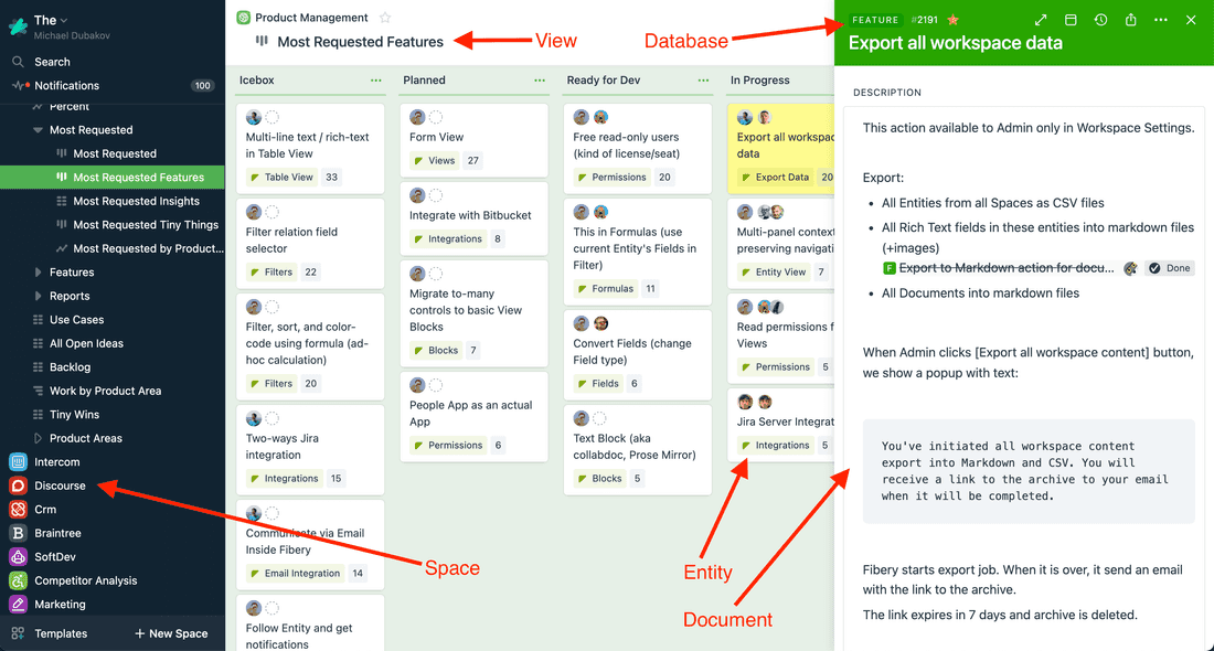 Fibery has pretty similar vocabulary: Space, Database, View, Document.