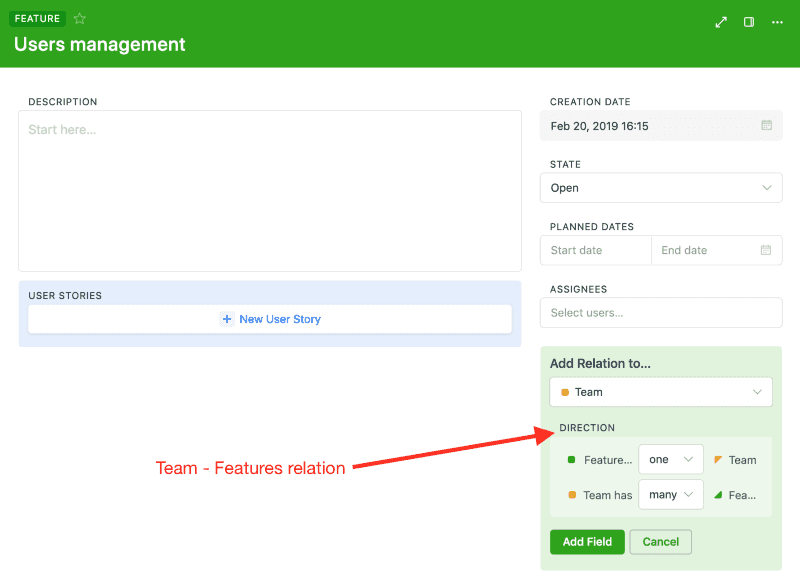 Team-Feature relation creation.