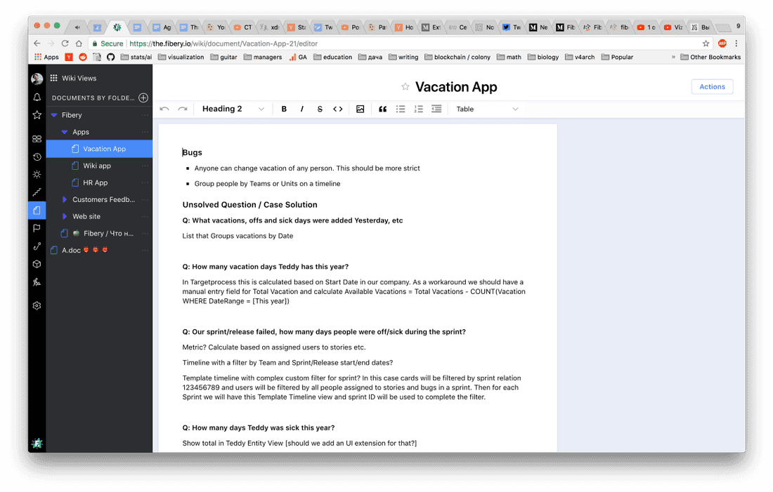 Wiki app in Fibery.