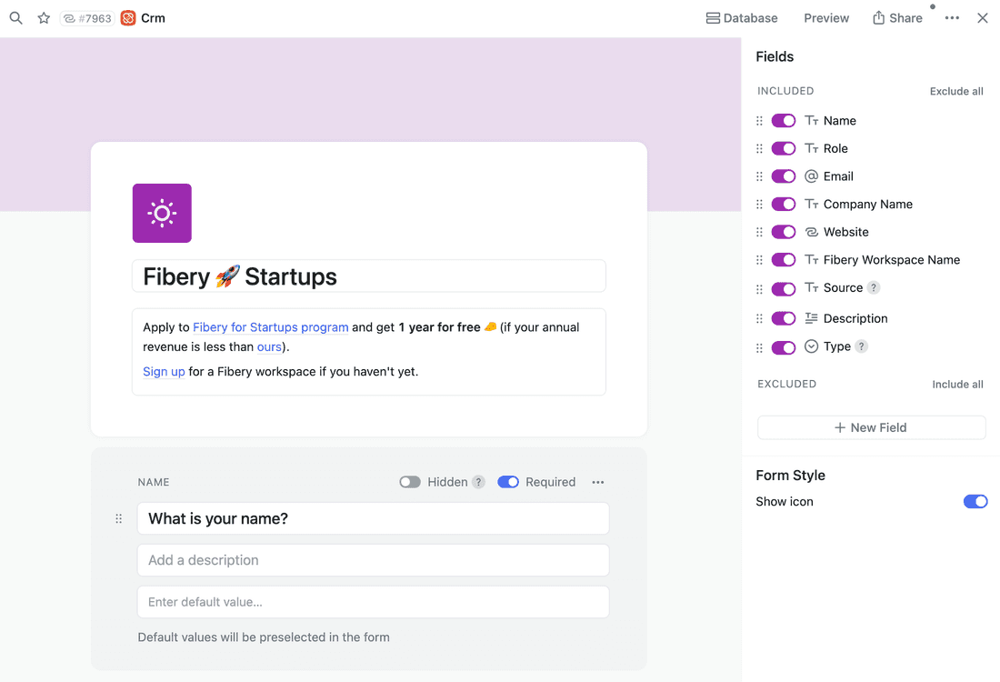 Form View in Fibery is linked to Database and it simplifies data intake.