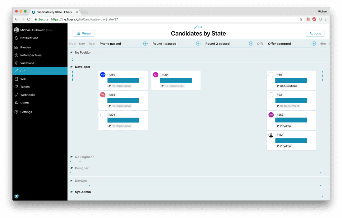 Recruiting App we use inside Targetprocess. We communicate with candidates via Fibery, they communicate via Email. It is integrated with Email and Google Calendar.