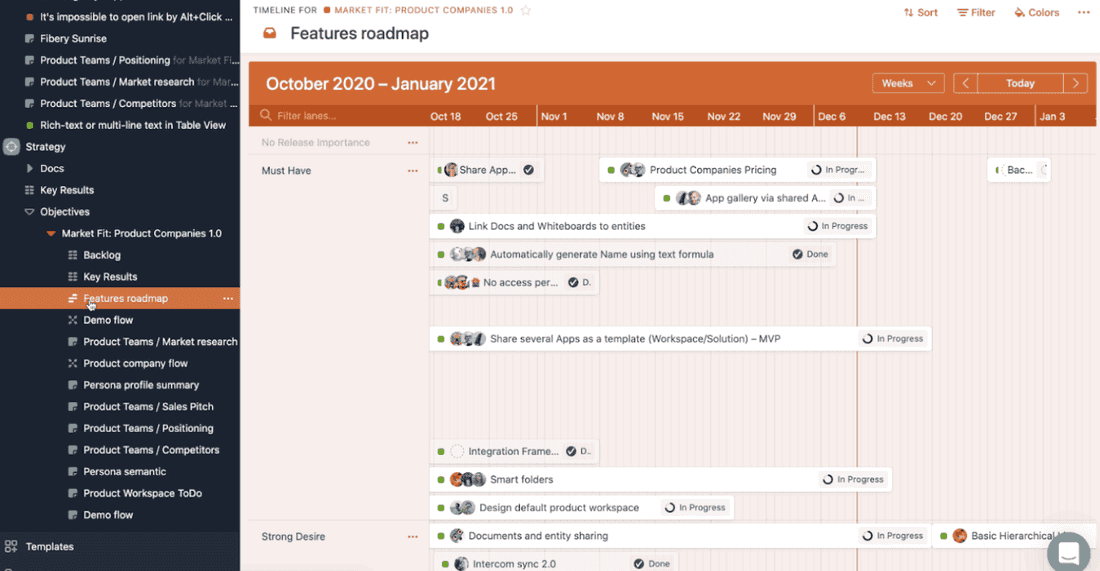 Plotting your features on a roadmap is child's play using Fibery's roadmap view