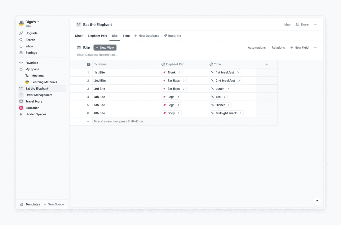 Here is how Bite database looks after setting one-to-one relation with Time database