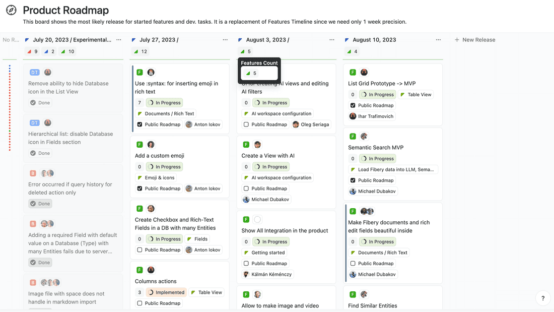 Release-based roadmap in Fibery