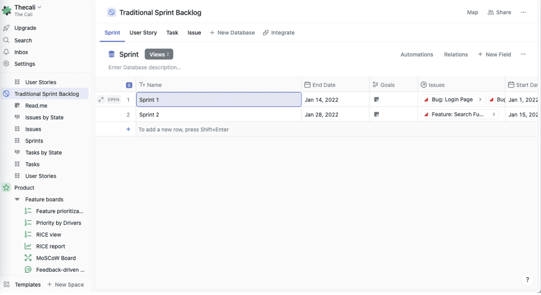 Sprint backlog in database view in Fibery