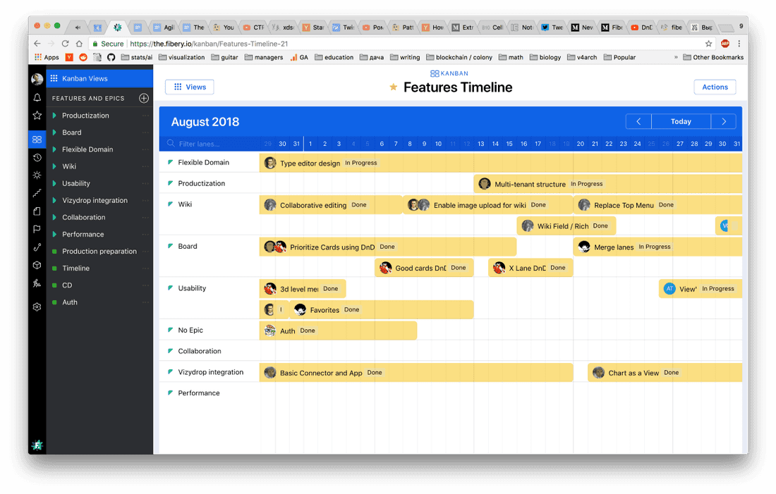 Features timeline by Epics in Fibery Team.