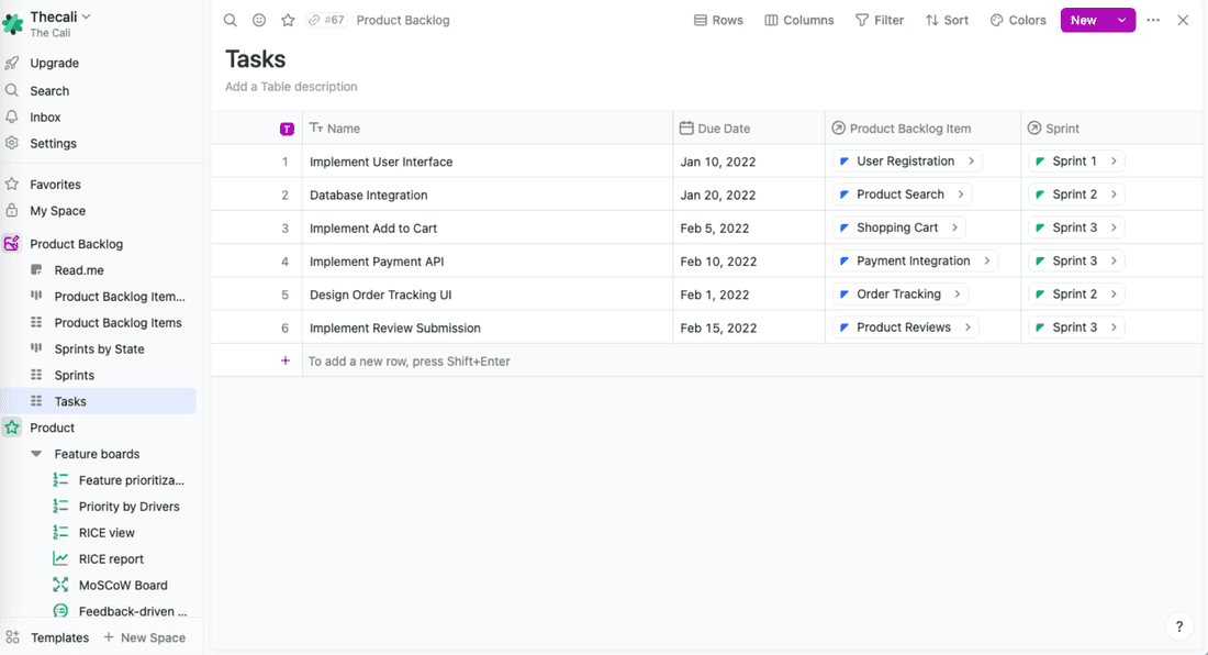 Example Product Backlog Task Tab in Fibery