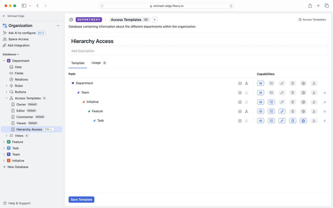 Set access and permissions to any level of the deep hierarchy in Fibery