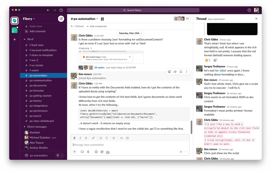 Real Slack discussion in Fibery team