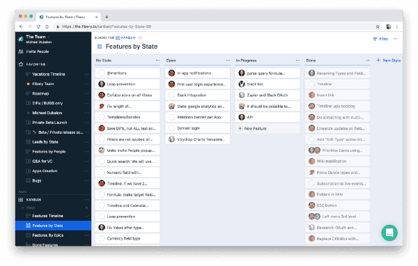 Feature Roadmap, First Workday calendar, Done Features by Months chart, Features Kanban board.