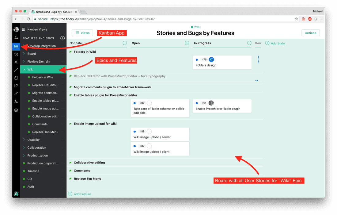 Kanban App → Wiki Epic → Stories Board for the Epic.