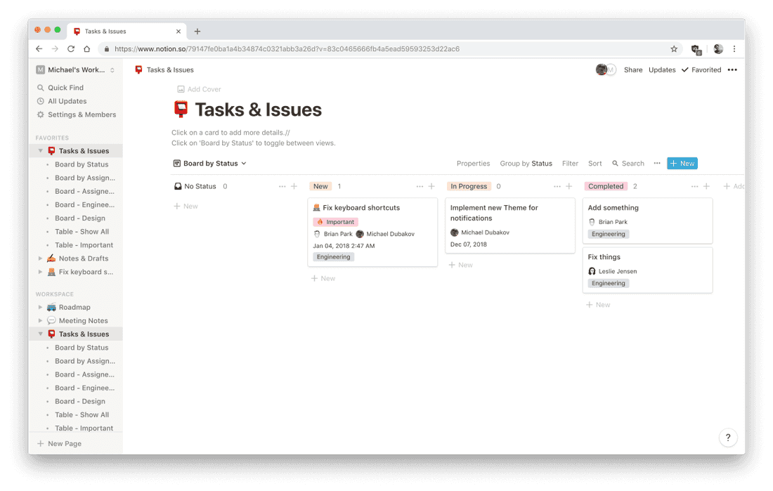 Tasks Kanban Board inside a Notion document.