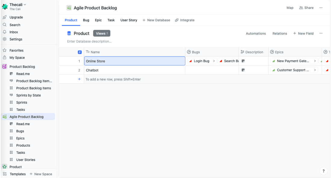 Agile backlog template in Fibery