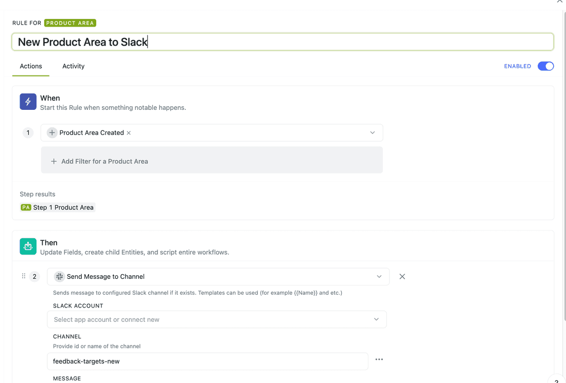 Rule setup in Fibery is easy as well.