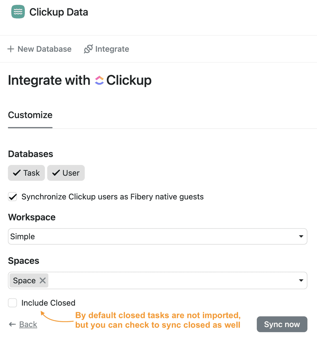 ClickUp sync setup screen