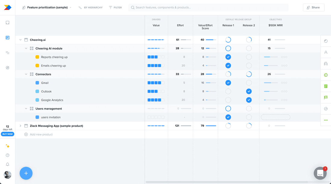 Hierarchical backlog in Productboard