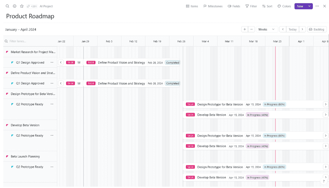 An intricate product roadmap set up in Fibery