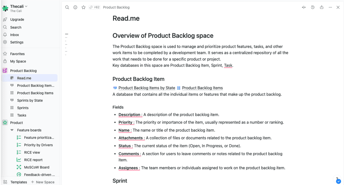Read.me Section of Product Backlog Template in Fibery