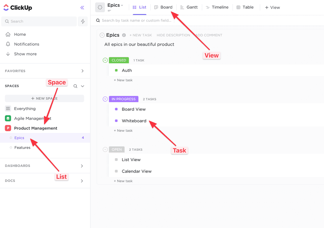 Spaces, Folders, and Lists help you to define organization structure in ClickUp.
