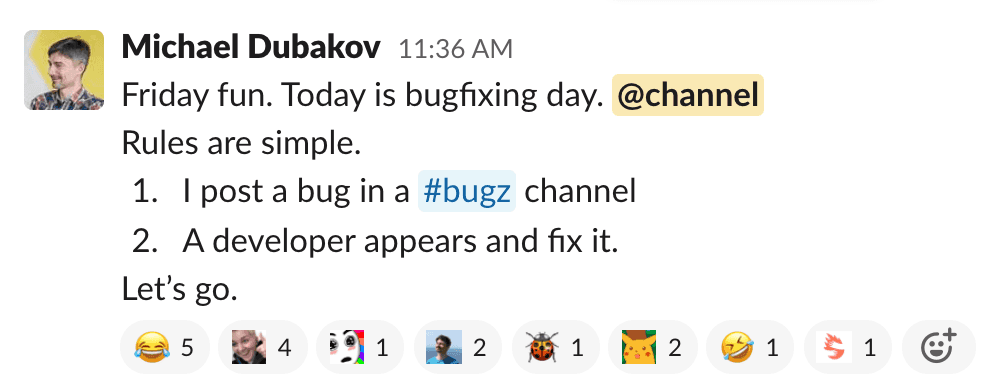 Fun Friday announcement in Fibery Slack.